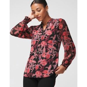 White House Black Market Floral Blouse Women L Black Red Smocked Tassel Tunic